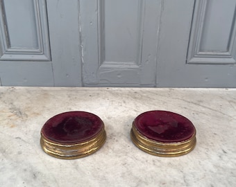 Pair antique French wooden gilt jewellery display stands plateaux with velvet tops