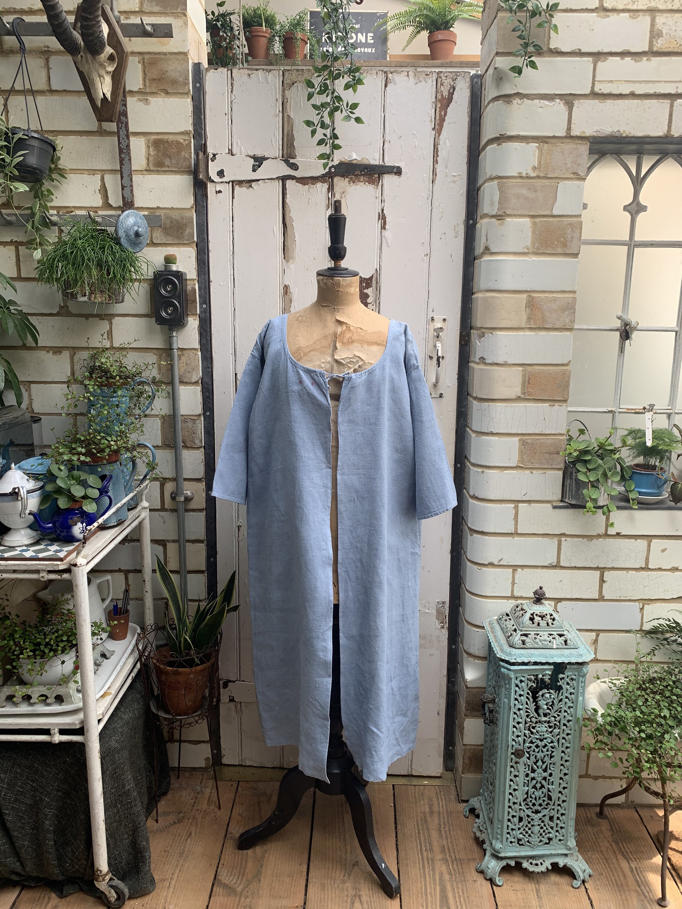 Image of Antique French Light Blue Linen Long Coat Jacket Housecoat Dressing Gown Initials Ar Size M/L No
