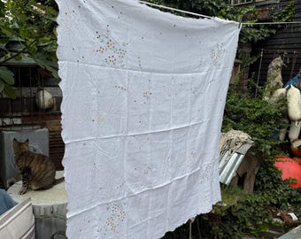 Antique English white linen embroidered tablecloth