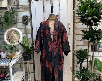 Antique vintage Japanese long black with red pattern kimono dressing gown robe