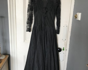 Antique long black satin lacy dress size S UK 10