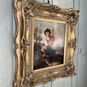 Antique Georgian early Victorian oil painting portrait of children in gesso frame image 9