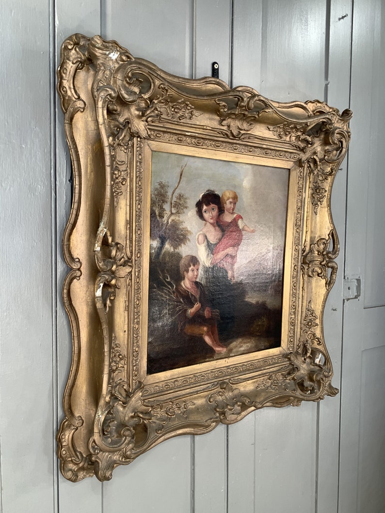 Antique Georgian early Victorian oil painting portrait of children in gesso frame image 9