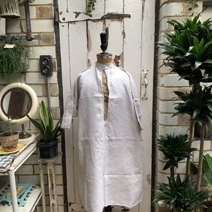 Antique French Linen Shirt Dress: Beige Hemp Smock, Initials GBM, Size L