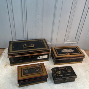 4 non matching antique Victorian Toleware cash tins boxes