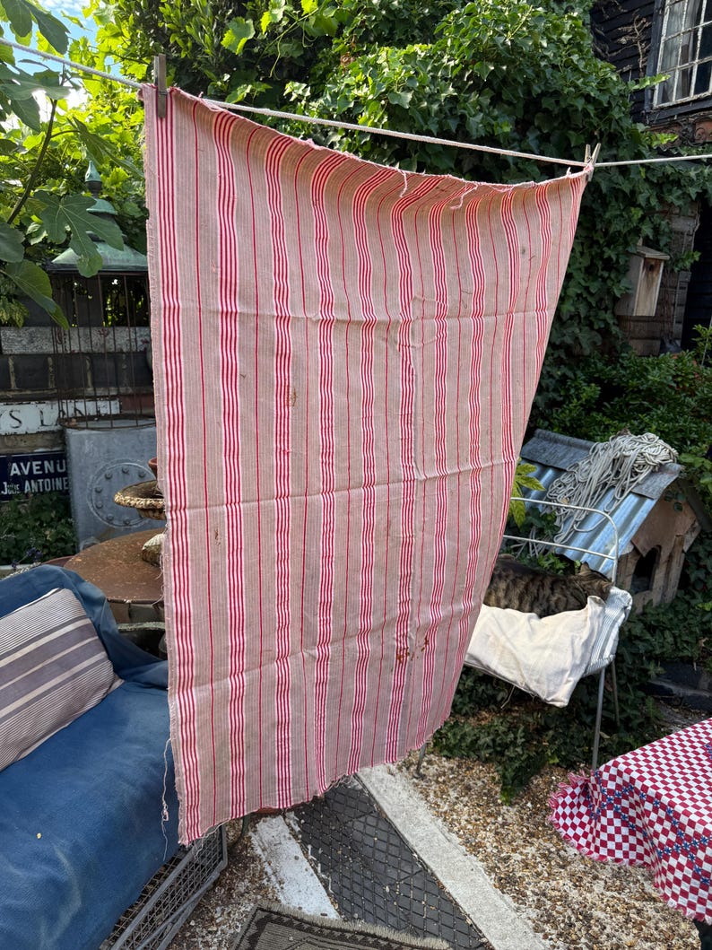 May include: A vintage, rectangular textile with vertical red stripes on a beige background, hanging on a clothesline. The fabric appears to be worn, with some visible imperfections. The textile is outdoors, with greenery in the background.