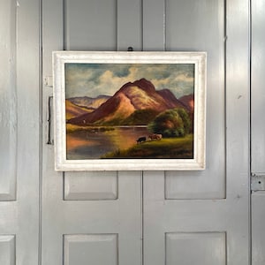 Vintage Scottish landscape oil painting of cows at Loch Arklet signed JSBJ