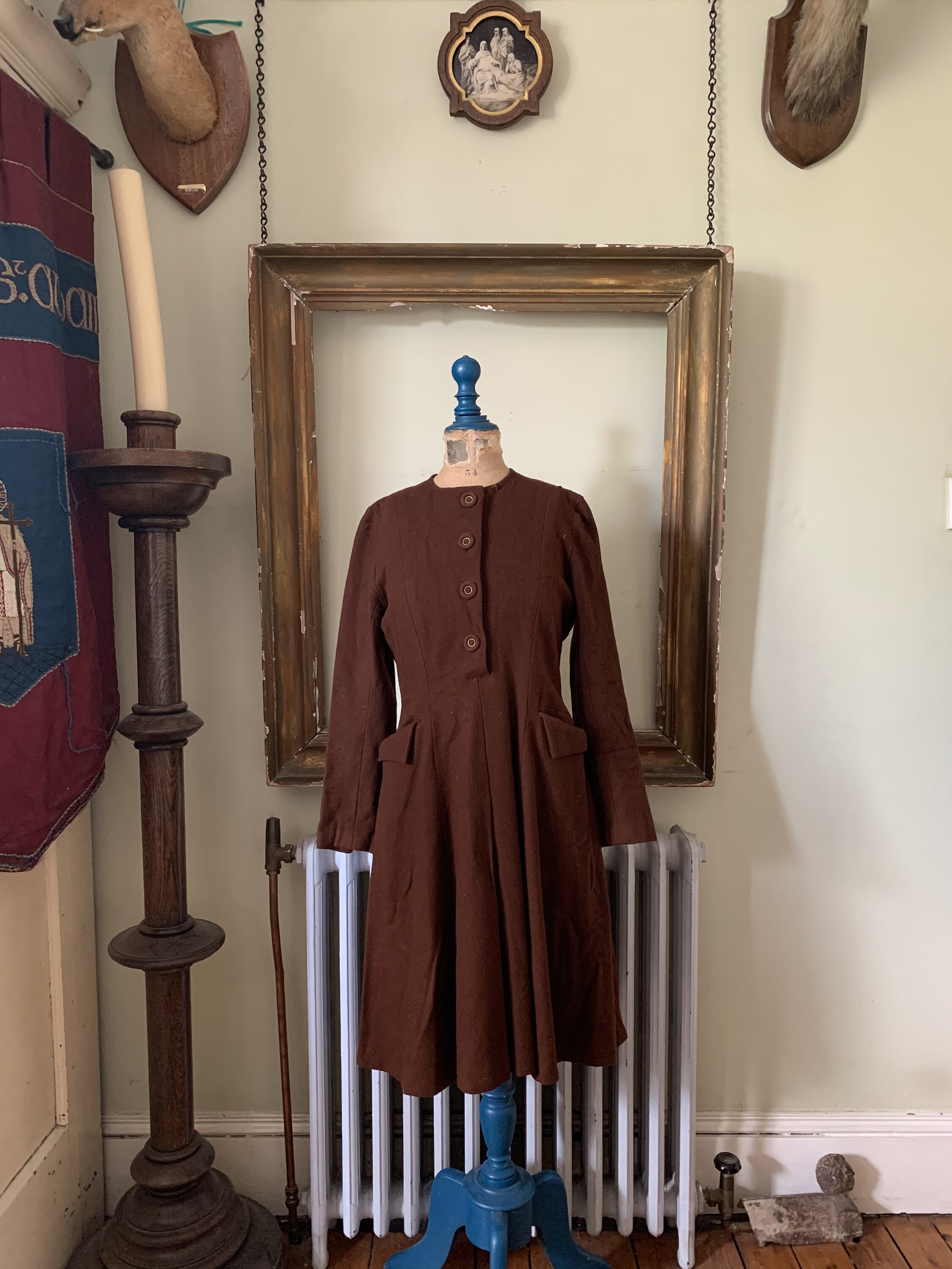 Image of Antique Vintage French Brown Wool Handmade Shift Dress Size S Uk