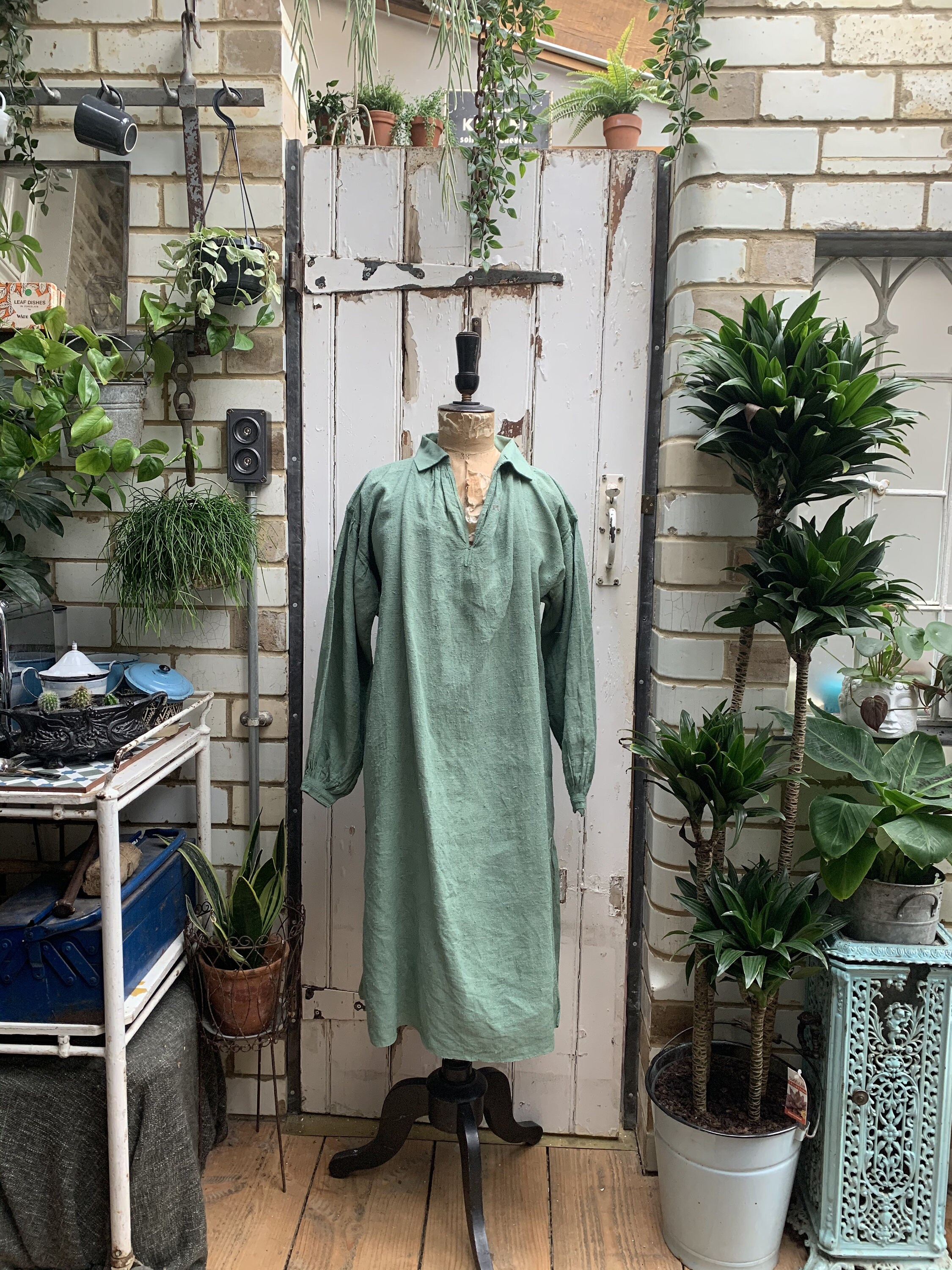 Image of Antique French Peppermint Green Linen Shirt Dress Chemise Initials Mb Size M Uk