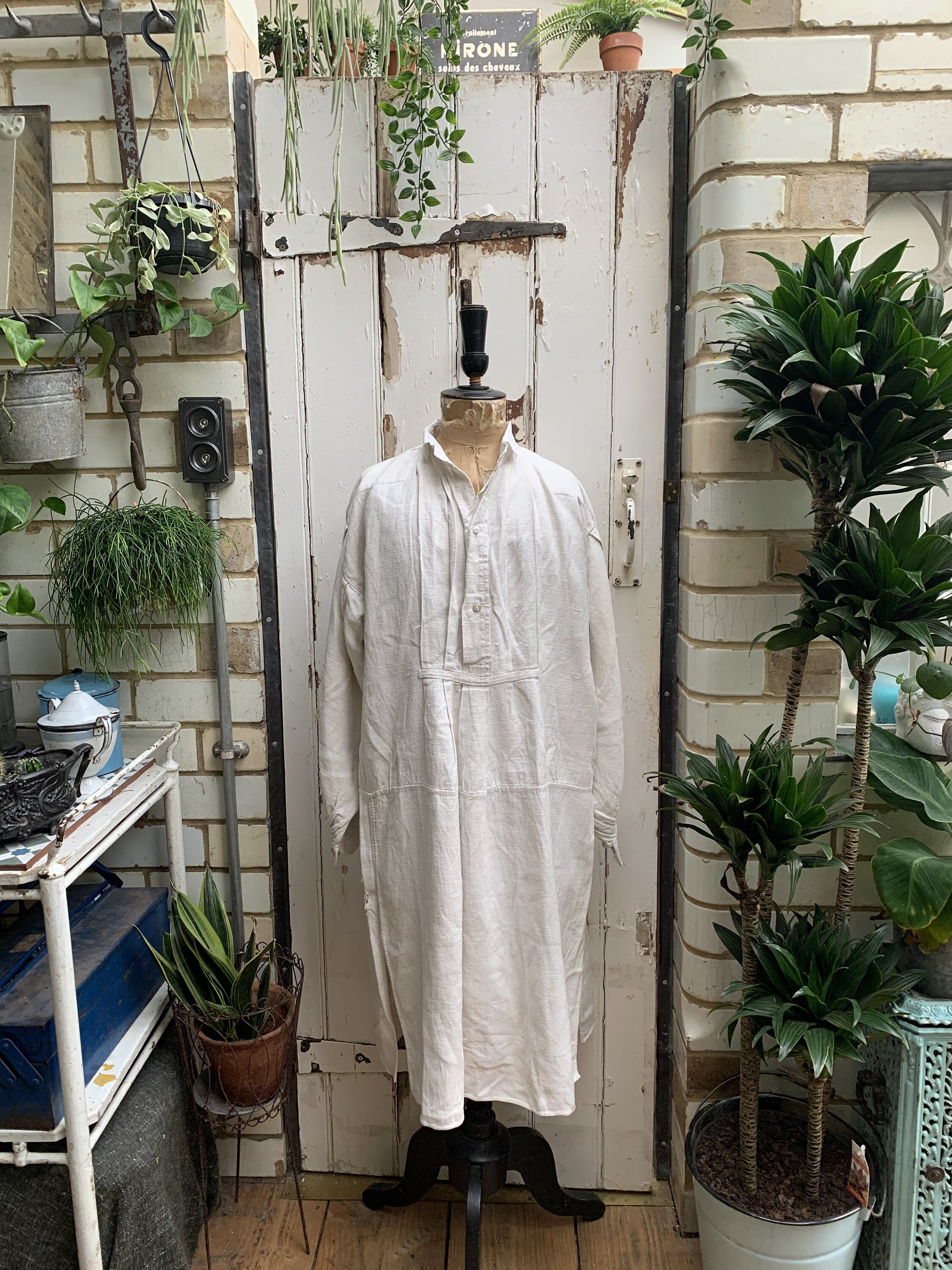 Image of Antique French White Linen Shirt Dress Chemise Smock Size M Uk