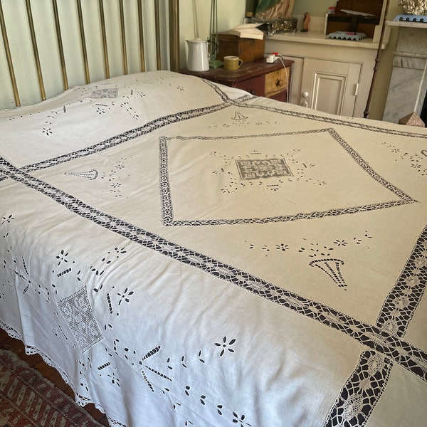 Large antique white linen bedspread tablecloth with cut out work and lace detail