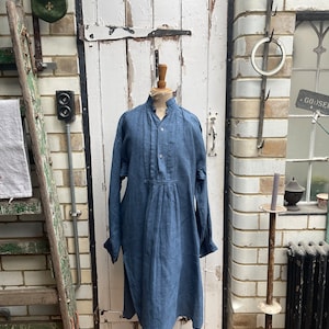 Antique French blue linen flax shirt dress chemise size M/L no 2