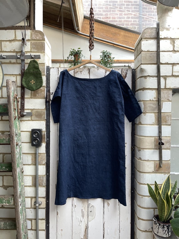 Antique French dark blue indigo linen flax dress … - image 1