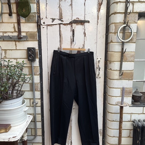 Vintage French mens black wool trousers with white braces size M