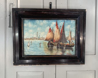 Antique vintage Italian landscape seascape oil painting of Venice signed by Piccinni
