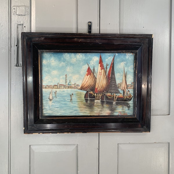 Peinture à l'huile vintage italienne de paysage marin de Venise signée Piccinni