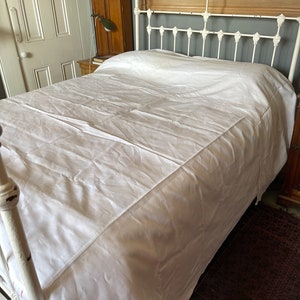 Large antique white Irish linen flat sheet or tablecloth with lace edge