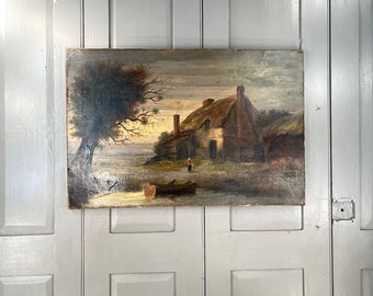 Antique Victorian signed landscape oil painting of cottage with pond sheep and chickens