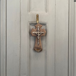 Small antique French Gothic faded blue velvet wall mounted crucifix