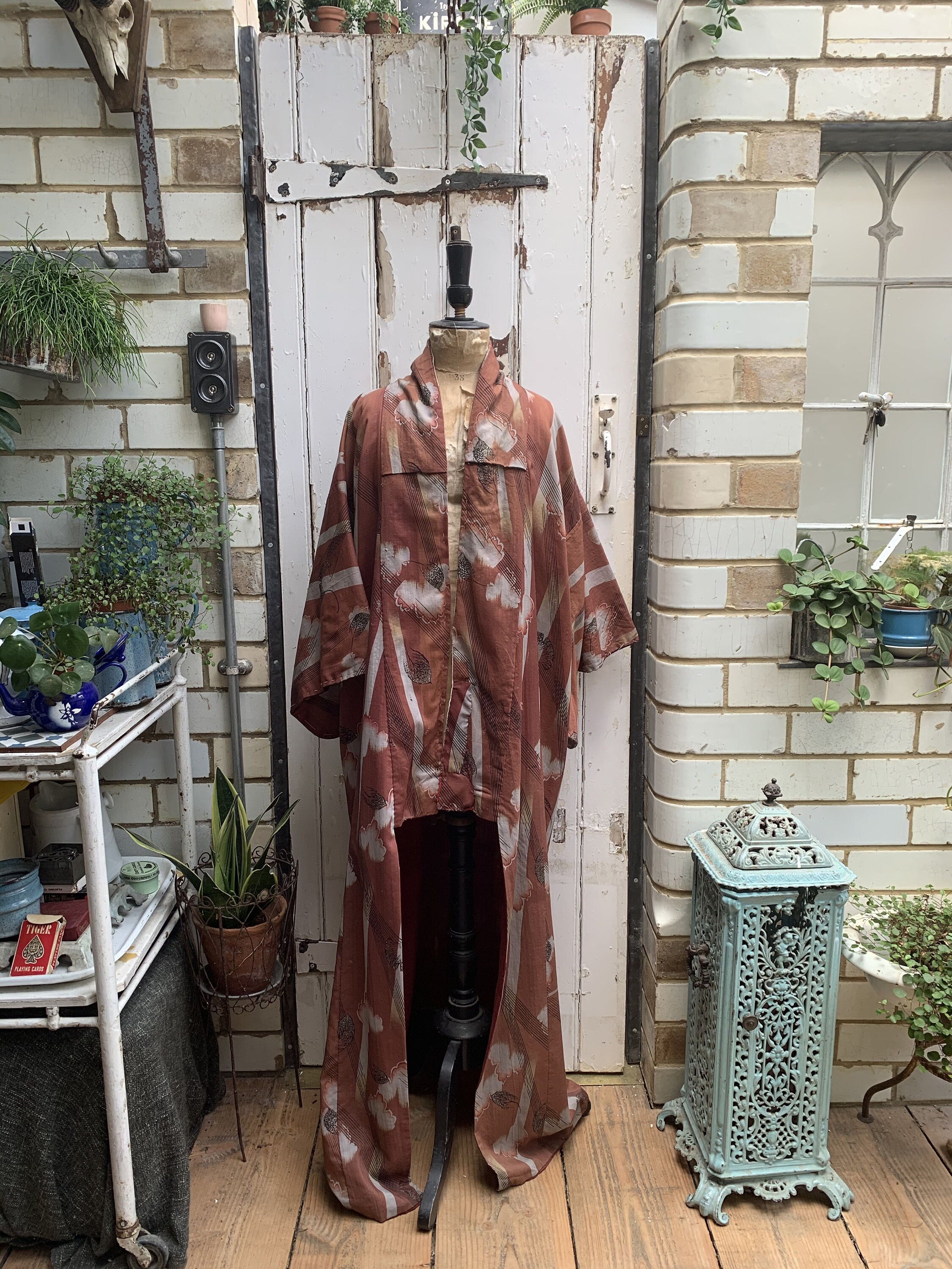 Image of Antique Vintage Japanese Long Brown Silk Patterned Kimono