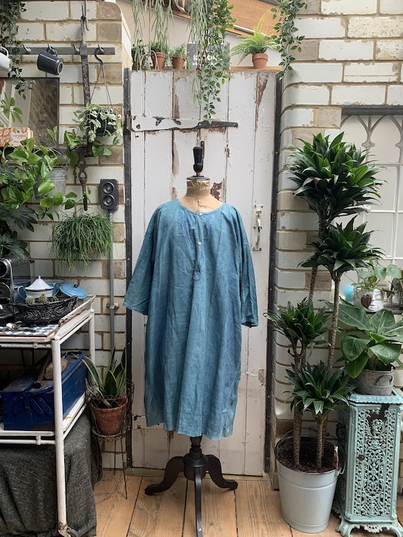 Antique French linen dress nightdress smock dyed i
