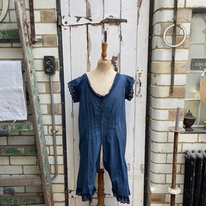 Antique French lingerie blue cotton playsuit all in one cami top and knickers shorts with lace trim size M UK 12