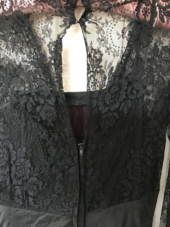 Antique long black satin lacy dress size S UK 10 - image 10