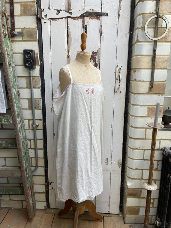 Antique French white linen slip dress initials CE… - image 10