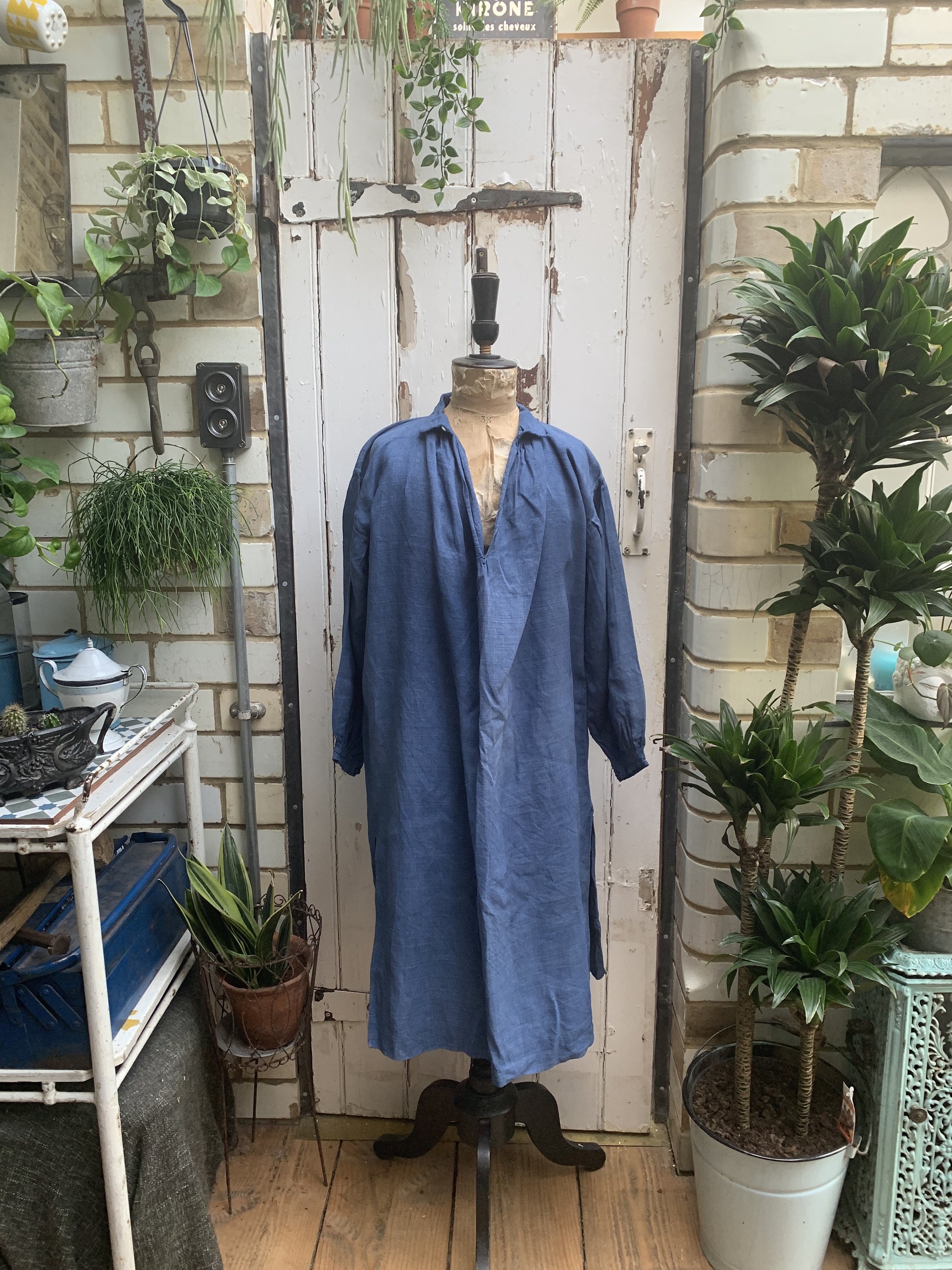 Image of Antique French Blue Linen Shirt Dress Chemise Initials Pg Size L
