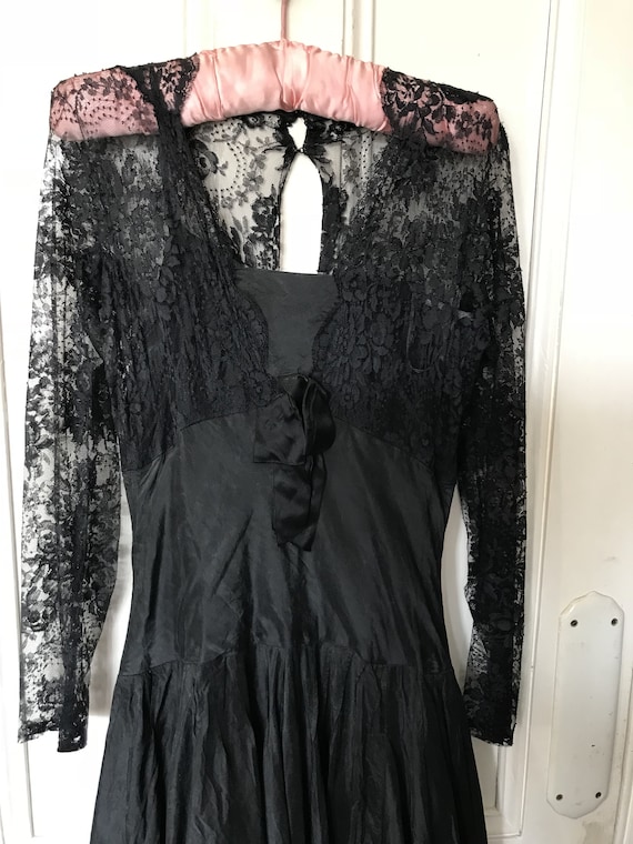 Antique long black satin lacy dress size S UK 10 - image 2