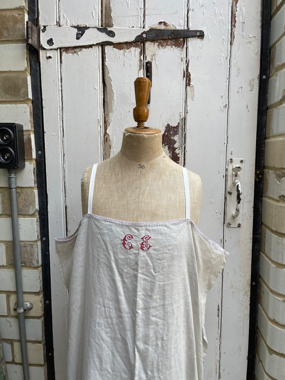 Antique French white linen slip dress initials CE… - image 2