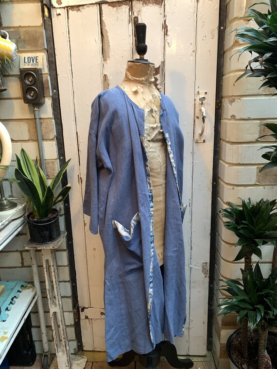 Antique French blue linen dressing gown housecoat… - image 10
