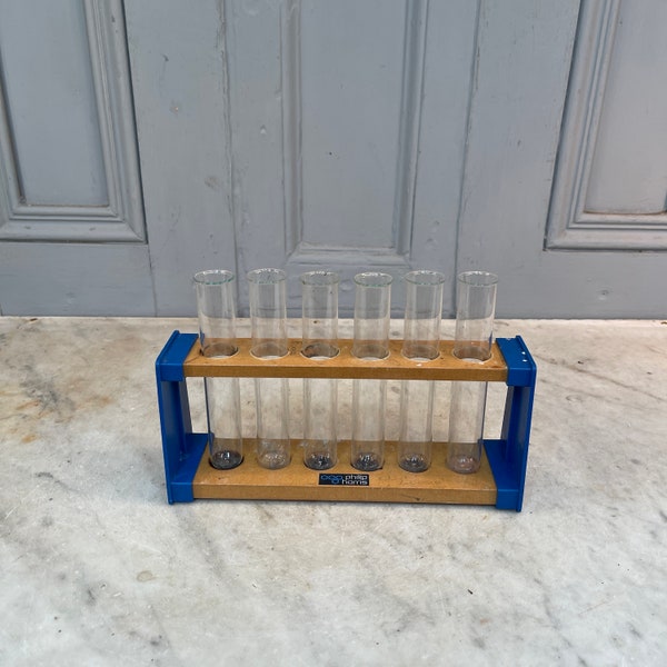 Vintage wooden lab test tube holder and 6 test tubes