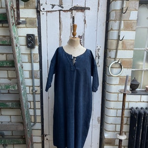 Antique French indigo blue linen cotton metis dress nightdress initials AD size L