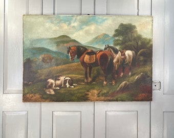 Antique Scottish oil painting study of horses and hunting dog by W Benyon (1 of 2)