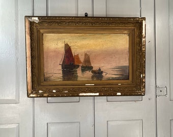 Antique marine seascape painting of sailing ships at sunset signed J Dibden (2 of 2)