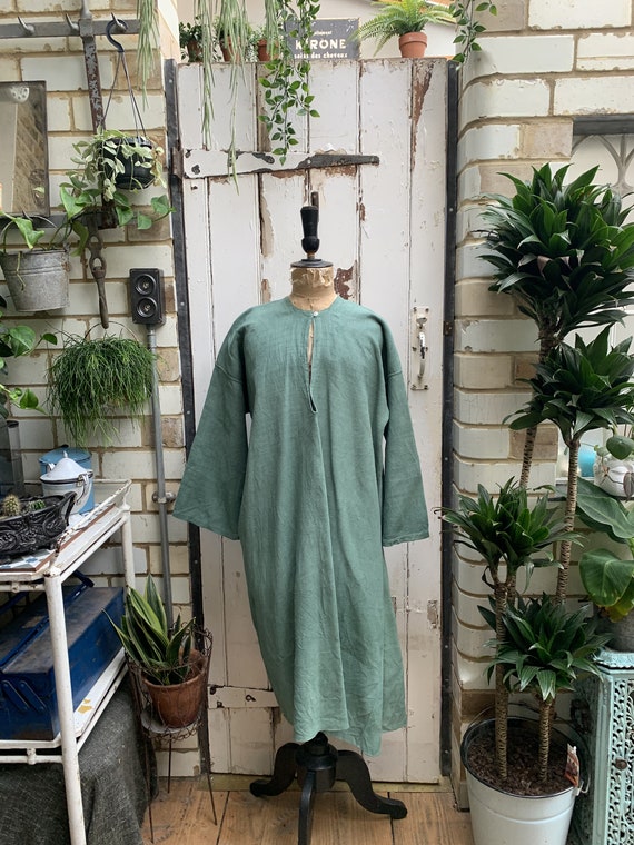 Antique French green linen dress smock kaftan size