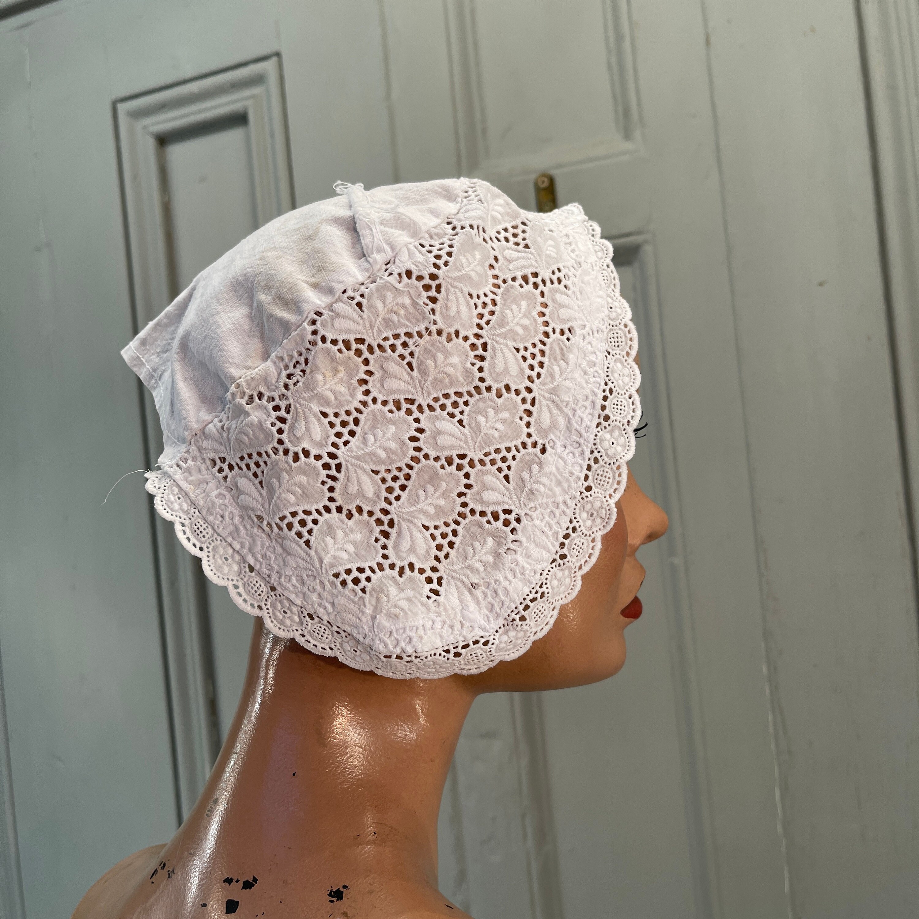 帽子 open sesame club FLEUR LACE BONNET Antique Dutch Handmade White Cotton Lace Bonnet Hat Size S/M - Etsy