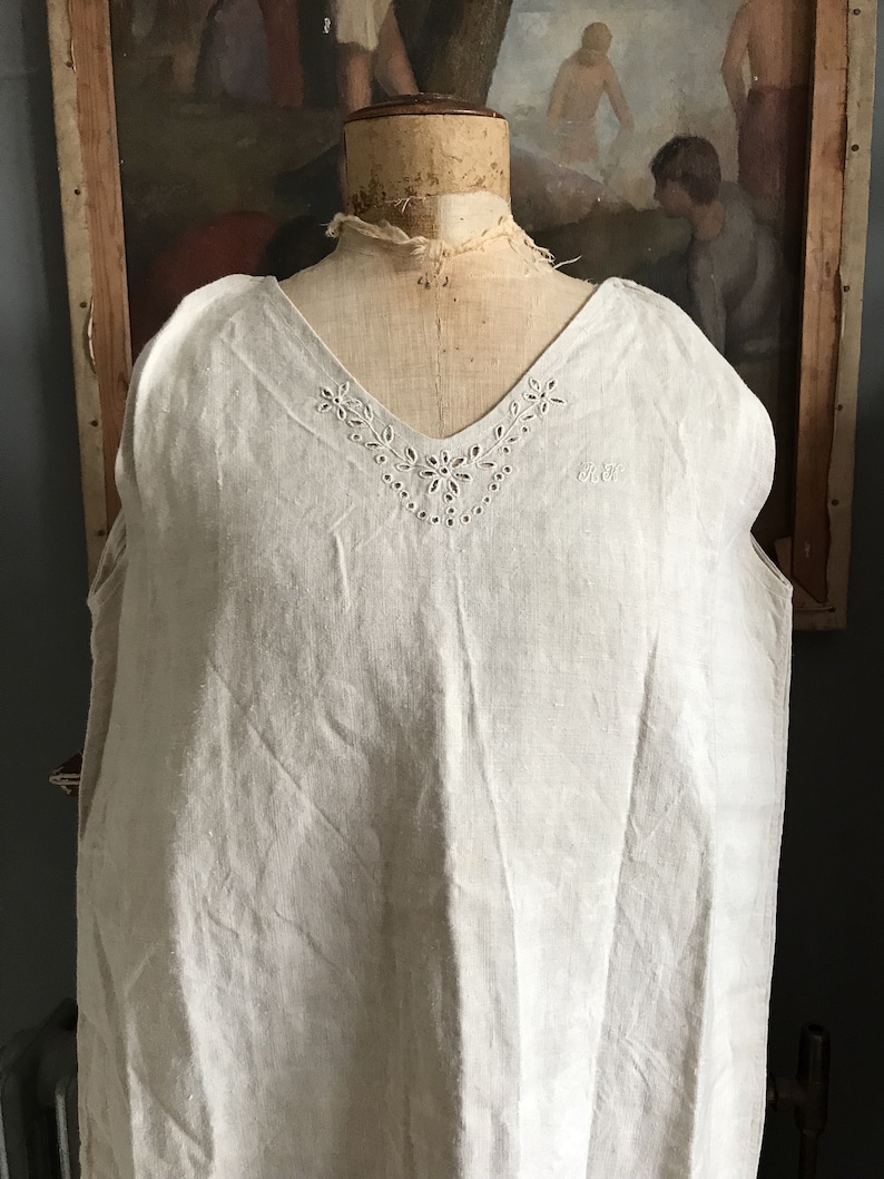 Antique French beige unbleached linen sleeveless nightdress monogram RH size M UK 12