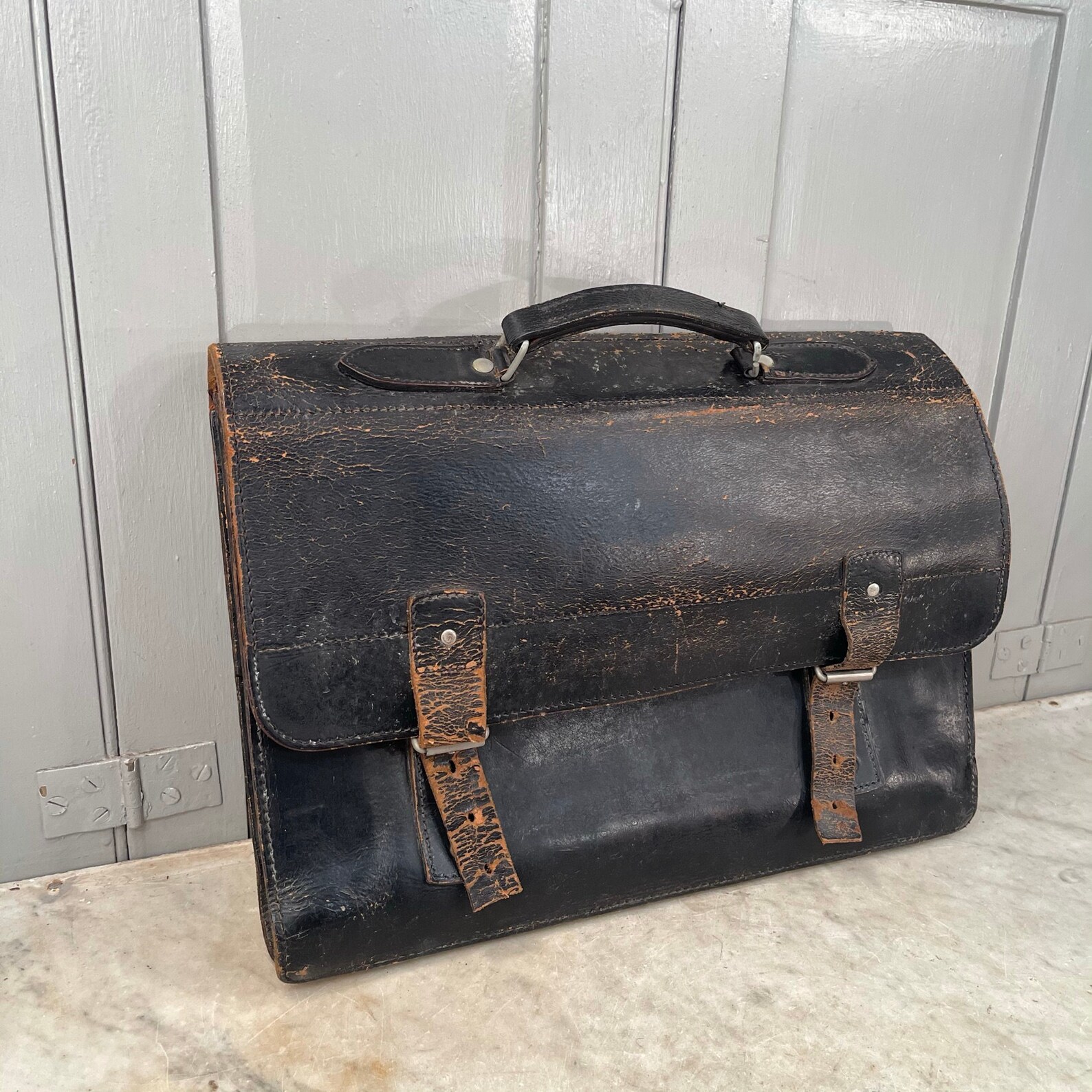 Antique vintage French black leather briefcase from Banque de Etsy