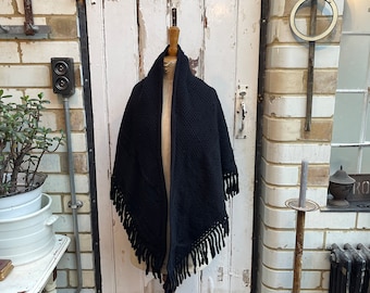 Antique Dutch black waffle wool shawl scarf wrap with patch and fringe