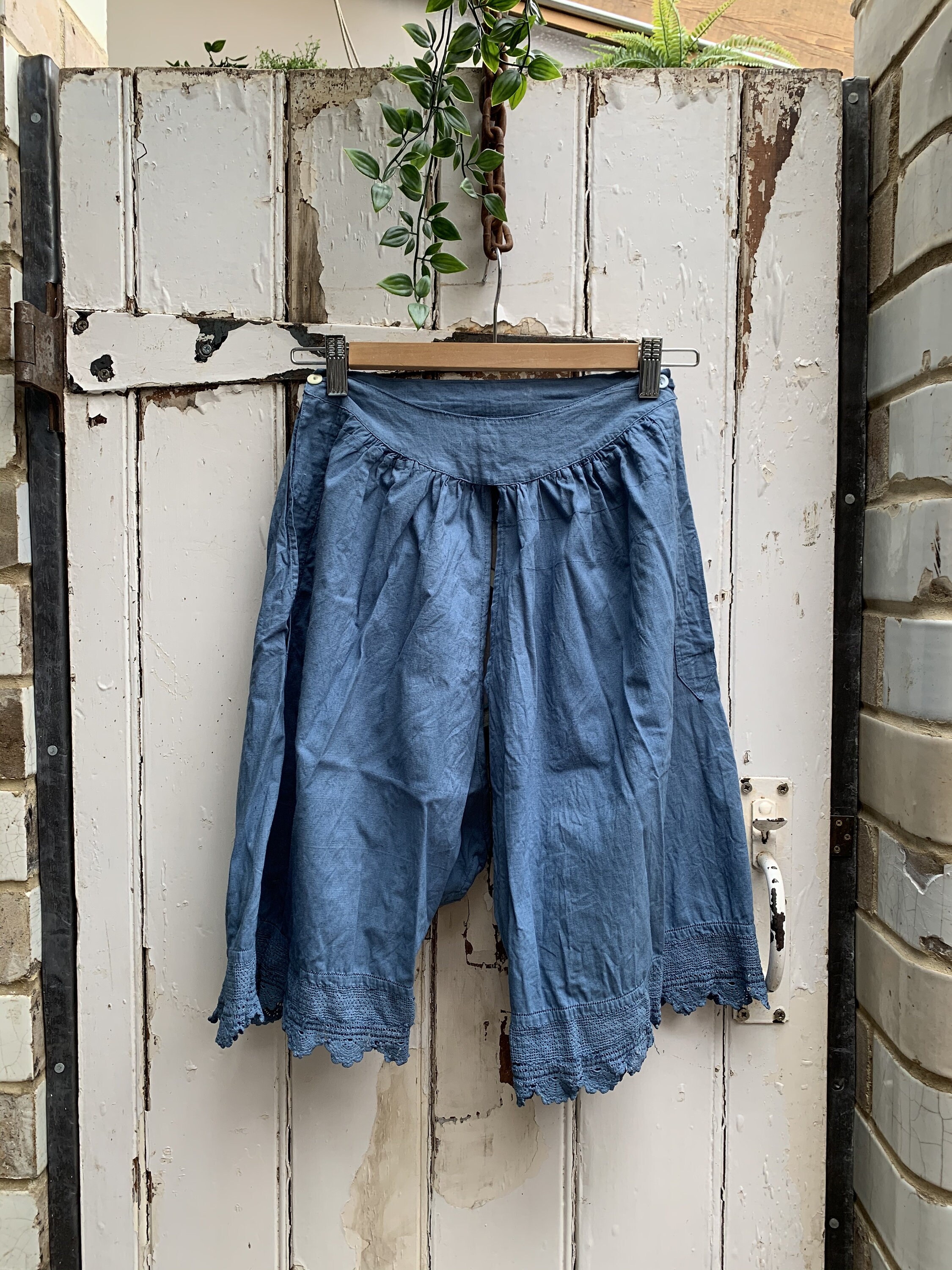 Image of Antique French Blue Cotton Bloomers Shorts With Lace Trim Size Xs Uk / No