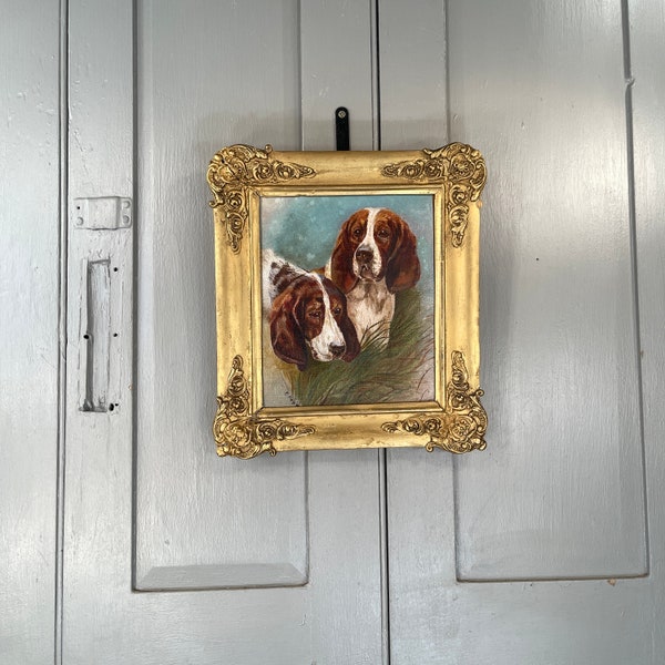 Antique oil painting study of two spaniel dogs signed F Hepworth