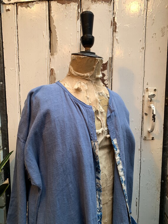 Antique French blue linen dressing gown housecoat… - image 8