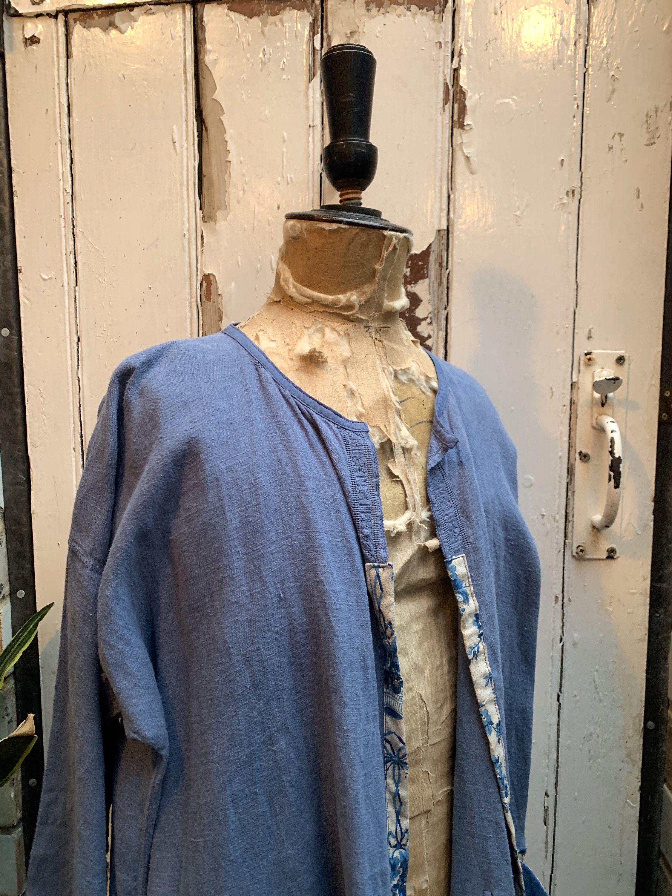 Antique French Blue Linen Dressing Gown Housecoat Jacket With Etsy