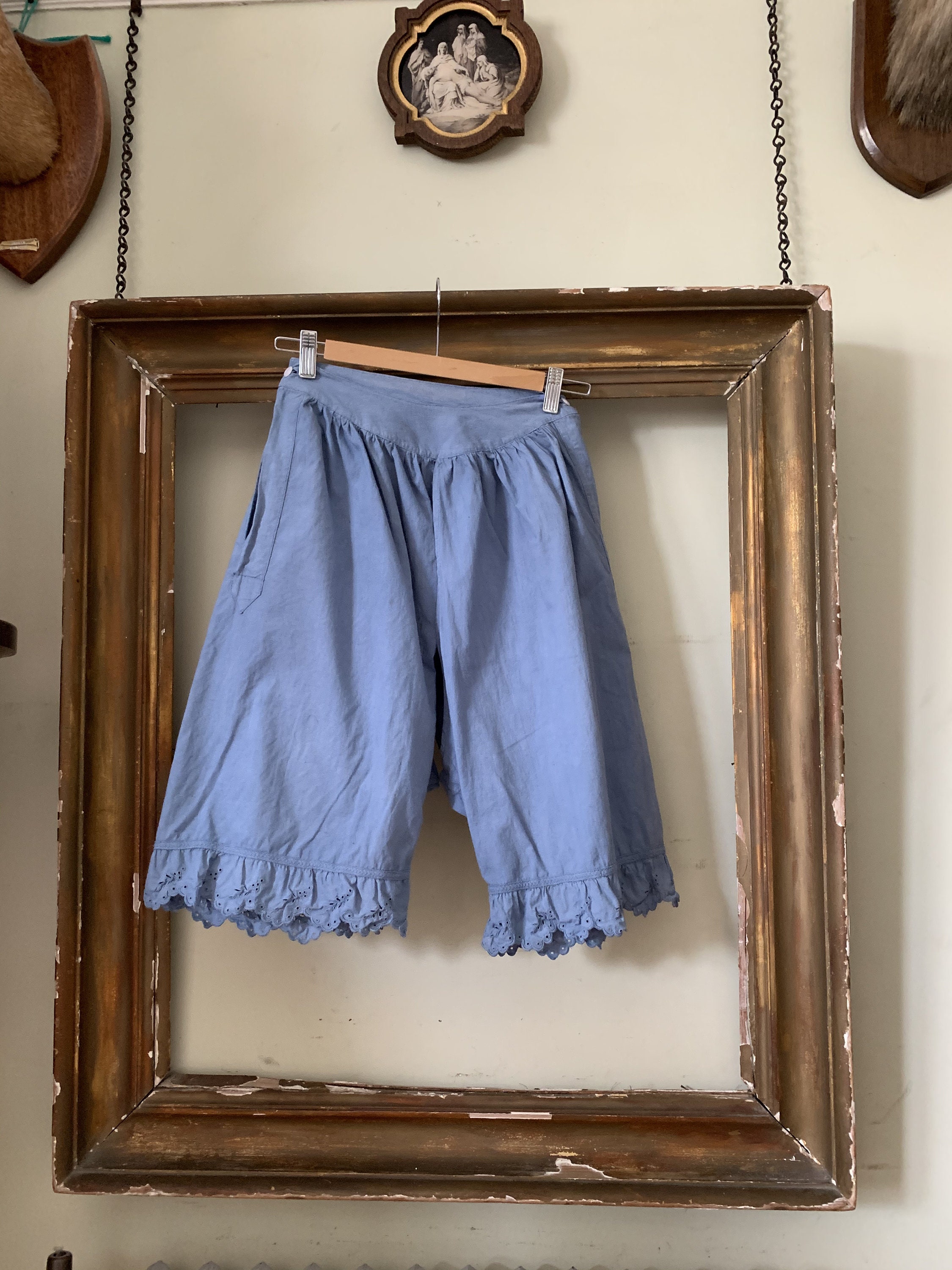 Image of Antique French Blue Cotton Bloomers Shorts With Lace Trim Size Xs Uk /