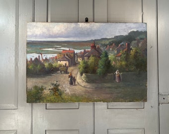 Antique townscape and estuary oil painting signed EW Appleby
