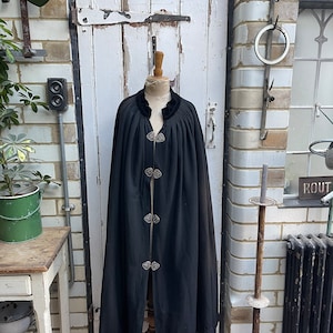 Antique Dutch handmade long black wool cape cloak with metal clasps one size