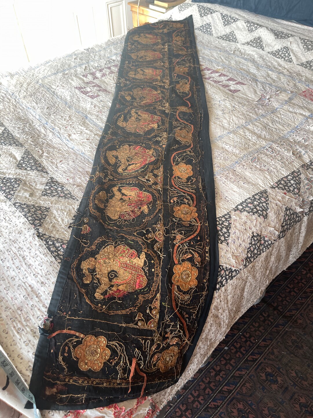 Antique Asian Embroidered Fabric Panel Wall Hanging Ethnic Hippy Boho