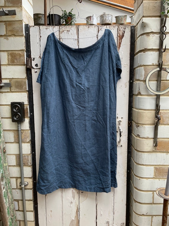 Antique French blue linen dress initials LC size L - image 5